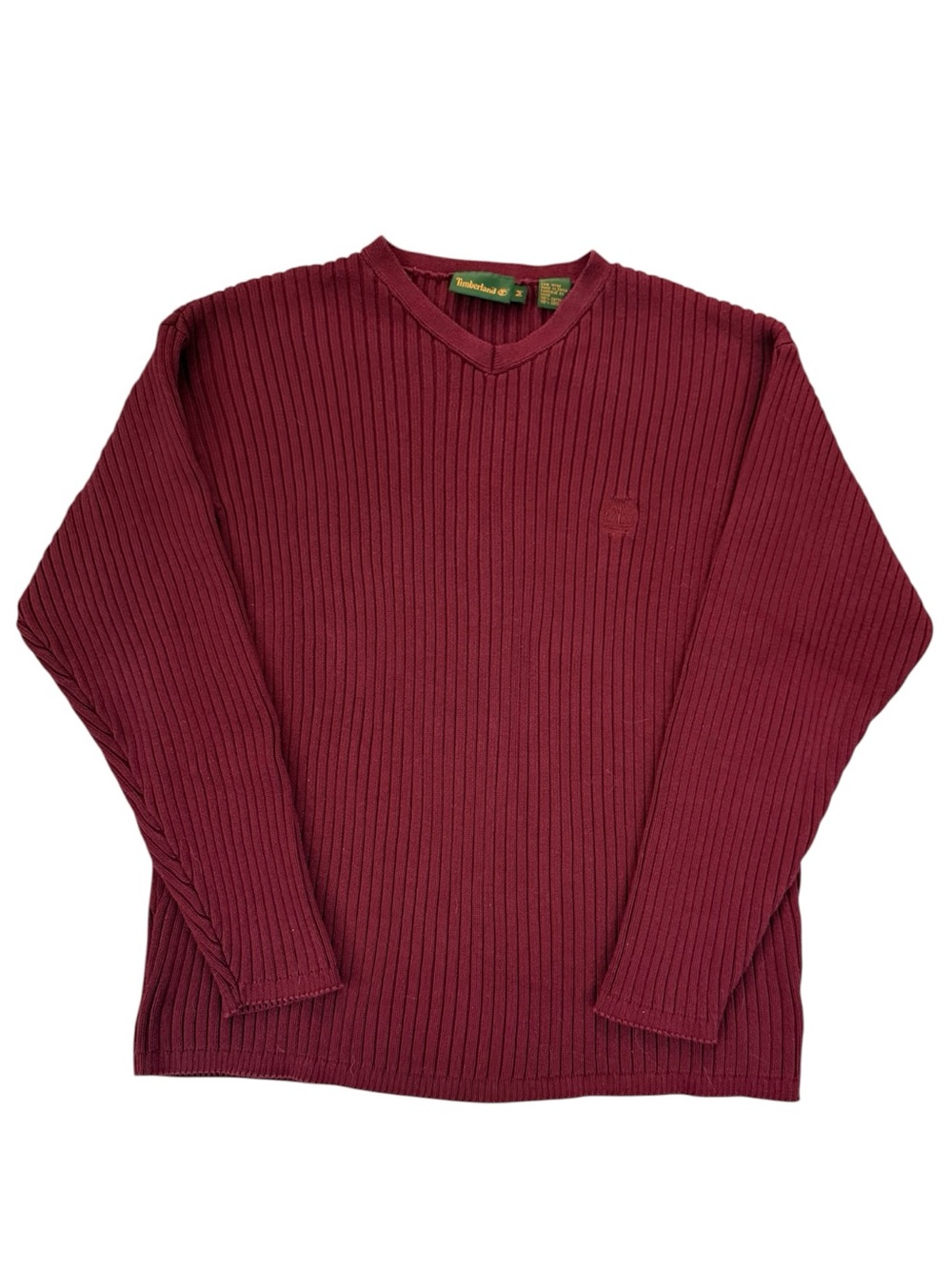 Vintage 2001 Timberland Rib Knit V Neck Sweater Burgundy Cotton Medium Y2K Logo